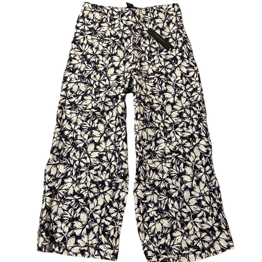 NWT- Tahari Womens Navy White Tropical Print Linen Wide-Leg, Large Cropped Pants